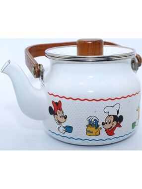 Vintage Disney Mickey Minnie Mouse Donald Duck Pluto Tea Kettle Wooden Handle